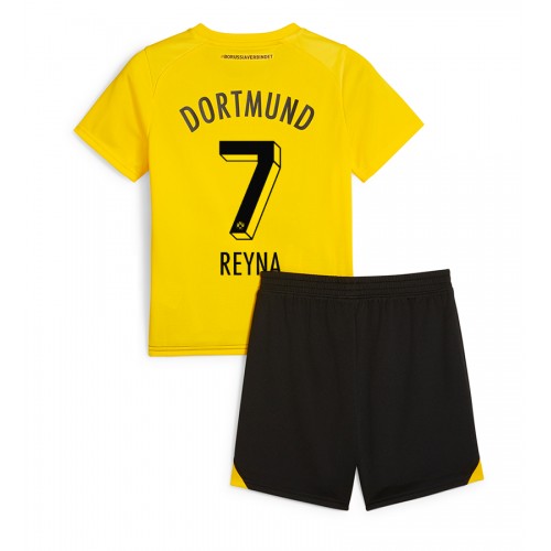 Otroški Nogometni dresi Borussia Dortmund Giovanni Reyna #7 Domači 2023-24 Kratek Rokav (+ Kratke hlače)